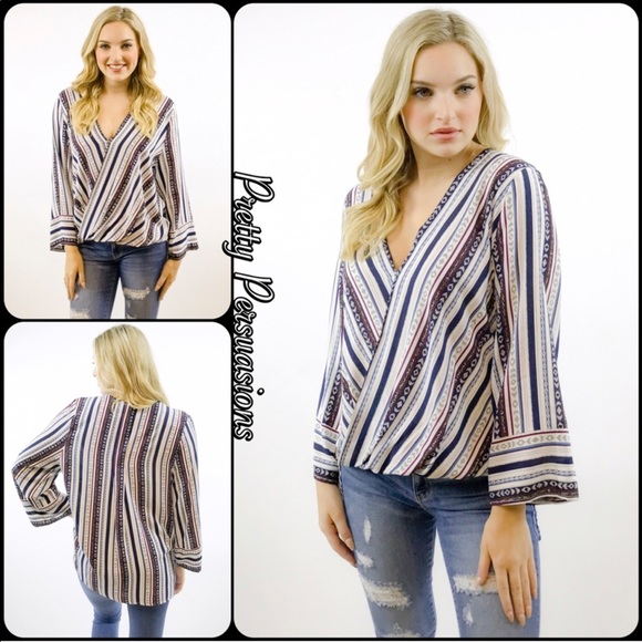 Striped Plunging Surplice Long Slv Top - Picture 5 of 7